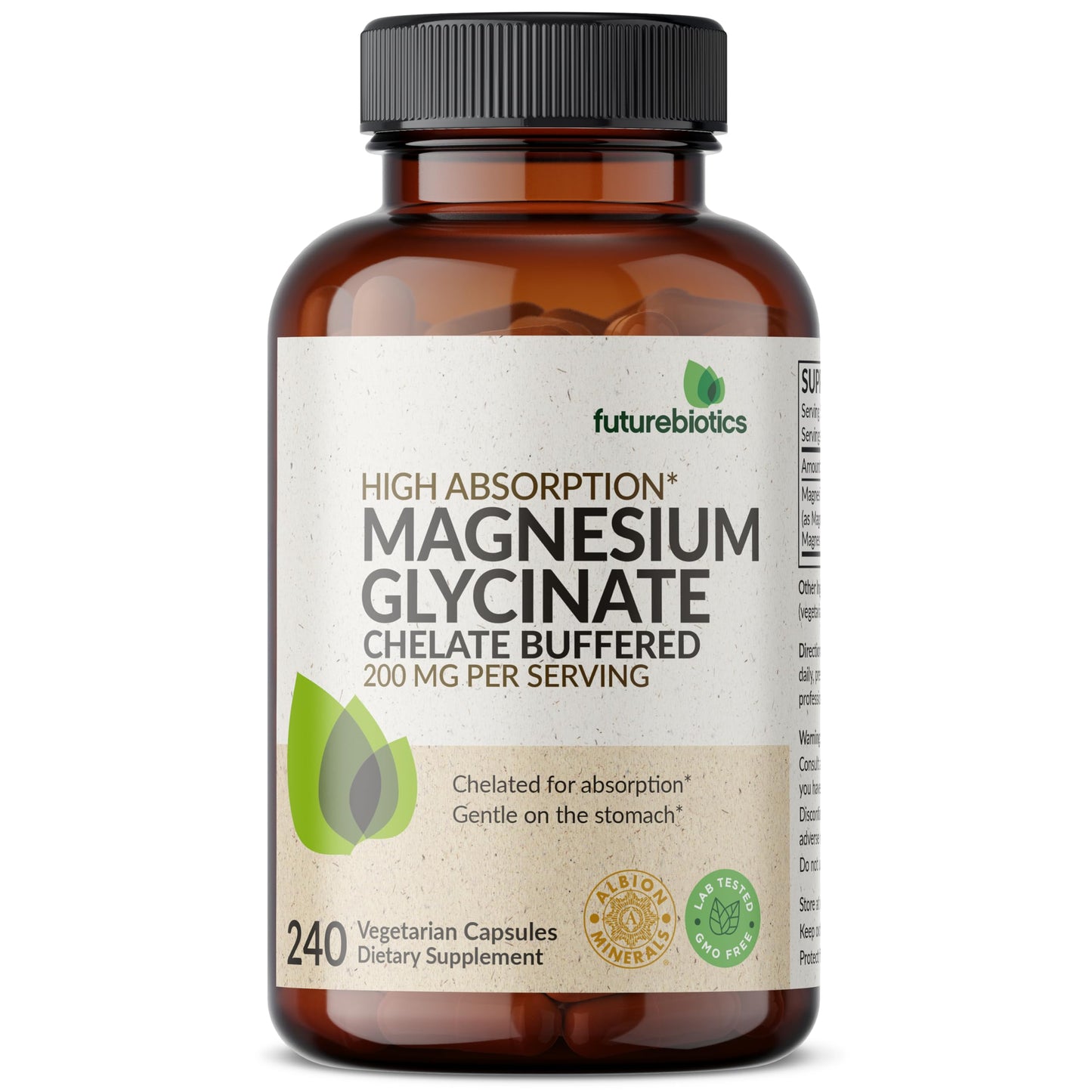 Futurebiotics Magnesium Glycinate 200 MG per Serving Chelated for High Absorption, Gentle On Stomach, Non-GMO, 60 Vegetarian Capsules
