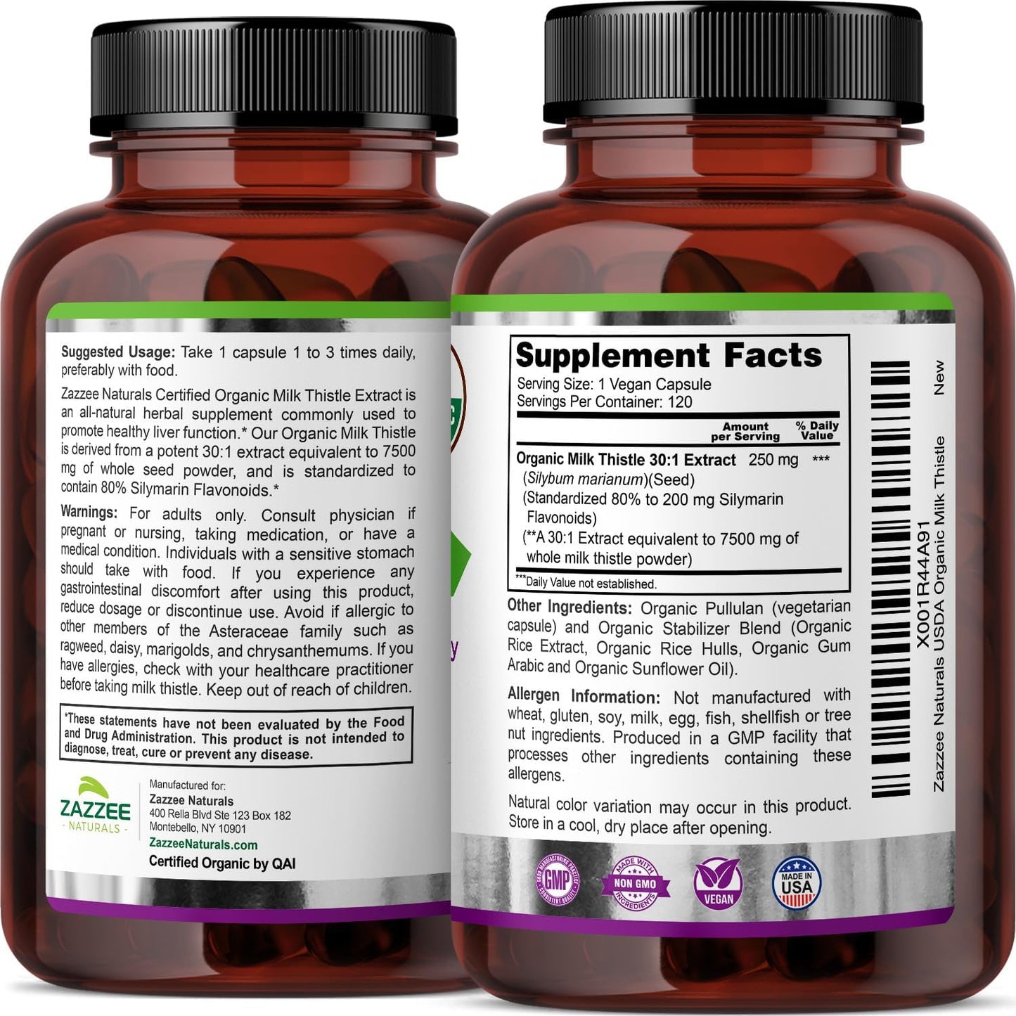 Zazzee USDA Organic Milk Thistle 30:1 Extract, 80% Silymarin, 120 Vegan Capsules, 4 Month Supply, Certified Kosher, High Potency Liver & Antioxidant Support, Silybum Marianum, Non-GMO, Made in the USA