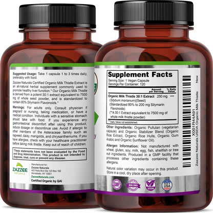 Zazzee USDA Organic Milk Thistle 30:1 Extract, 80% Silymarin, 120 Vegan Capsules, 4 Month Supply, Certified Kosher, High Potency Liver & Antioxidant Support, Silybum Marianum, Non-GMO, Made in the USA
