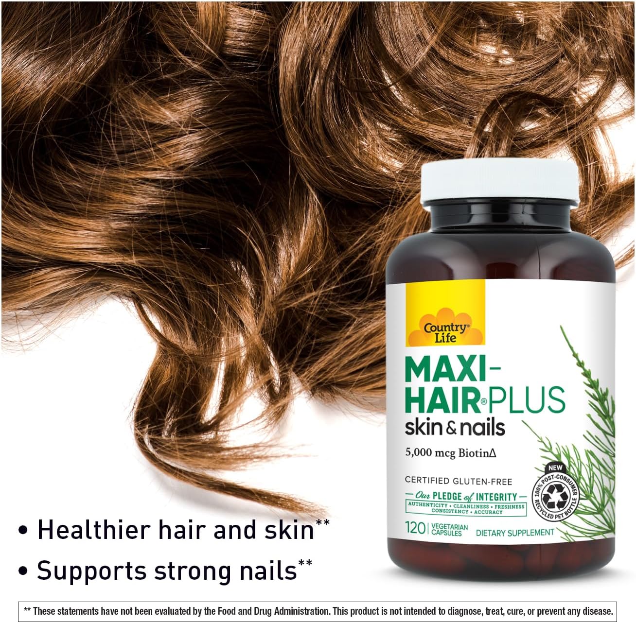 Country Life Maxi-Hair Plus Hair Skin & Nails Vitamin, 5,000 mcg Biotin, 120 Vegetarian Capsules, Gluten Free