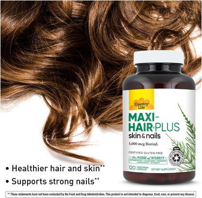 Country Life Maxi-Hair Plus Hair Skin & Nails Vitamin, 5,000 mcg Biotin, 120 Vegetarian Capsules, Gluten Free
