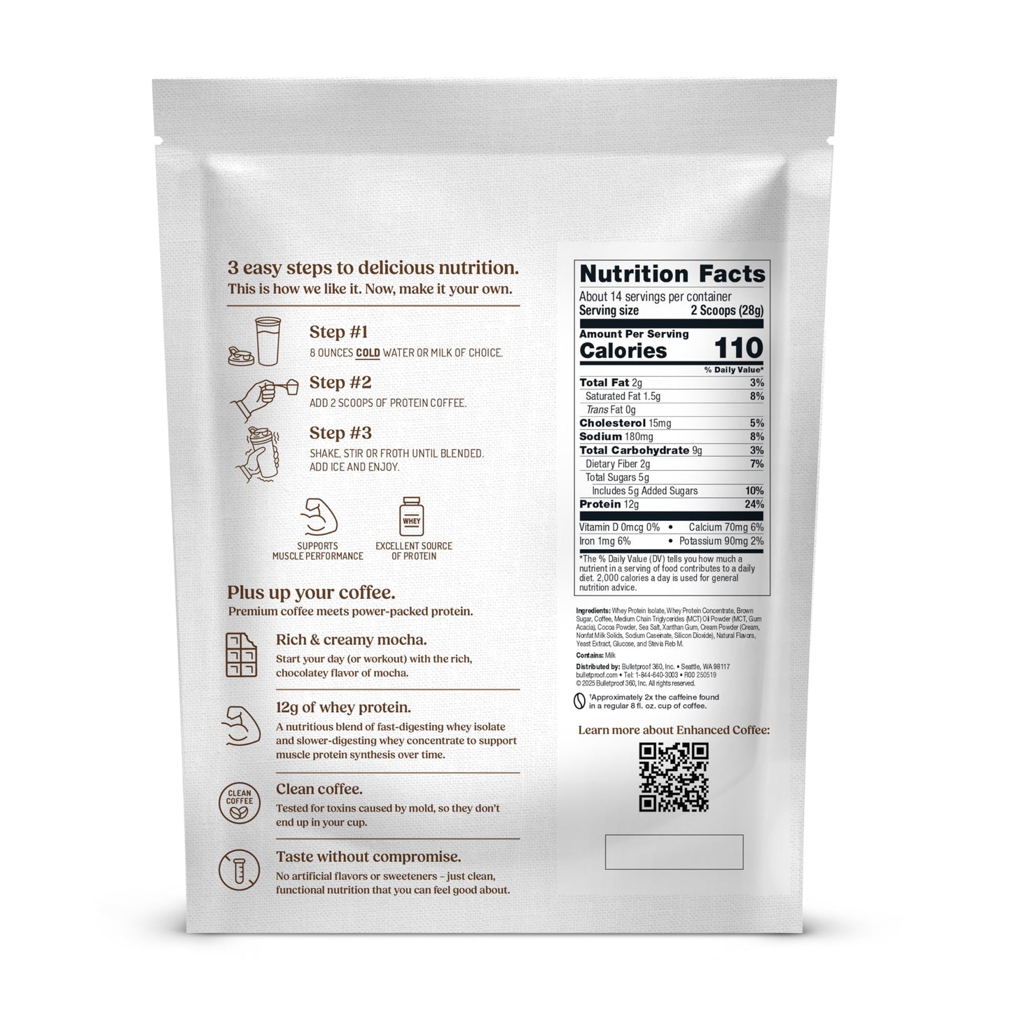 Bulletproof Iced Protein Coffee, Mocha, 12g Whey Protein + MCT Oil, 170mg Caffeine, Instant Coffee from Real Beans & Cocoa, Tested for Toxins, No Artificial Flavors & Sweeteners, 14 Servings