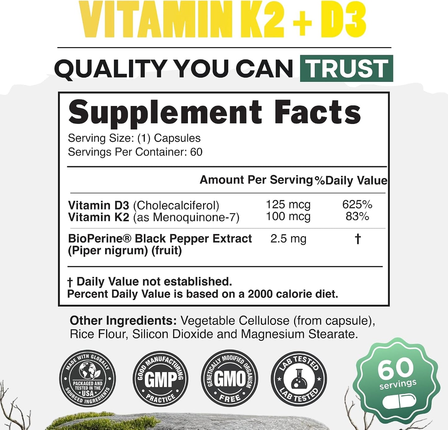 Wild Foods 5000iu Vitamin D3 + K2 | (100mcg Mk7) with Black Pepper Extract, Plant-Based, Non-GMO, Soy & Gluten-Free | Dietary Supplement | Made in USA | 60 Capsules
