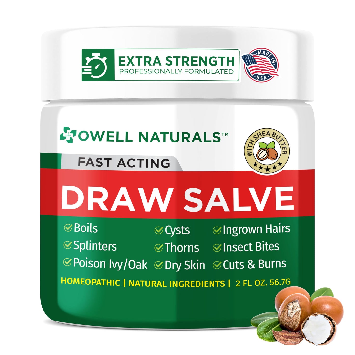 Owell Naturals Drawing Salve Ointment with Pure Shea Butter, for ingrown Hair, Boil, Splinter Remover, Bug Spider Bites, Bee Sting, Mosquito Itch, Poison Ivy, Burns & Cuts,1 Fl Oz (Pack of 1)