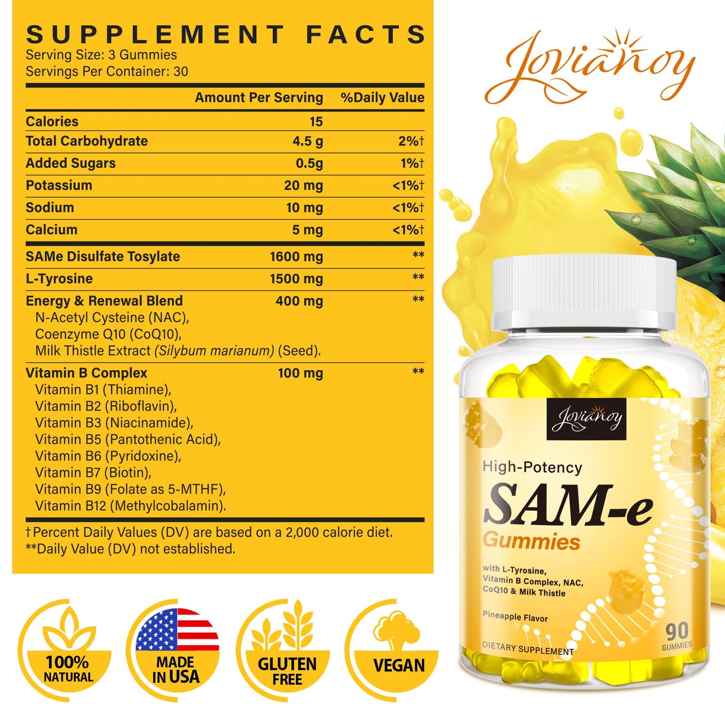 Jovianoy SAM-e Gummies with L-Tyrosine, Vitamin B Complex & NAC, CoQ10, High-Potency SAM-e Supplement - Pineapple Flavor, for Mood, Joint, Cognitive & Liver Detox, Vegan Friendly, 180 Gummies