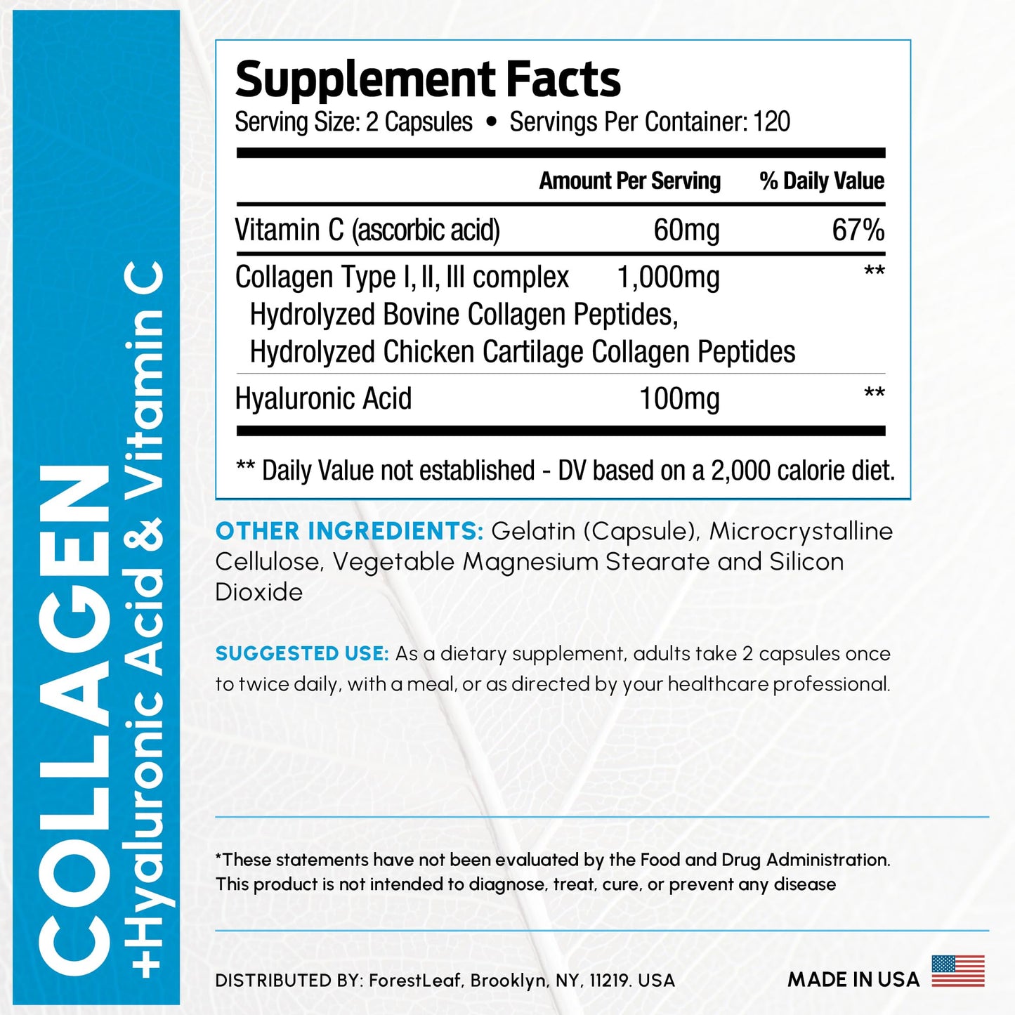 ForestLeaf Multi Collagen Pills with Hyaluronic Acid + Vitamin C | Hydrolyzed Collagen Supplements for Women or Men | Multi Collagen Capsules Peptides for Skin, Wrinkles, 120 Caps
