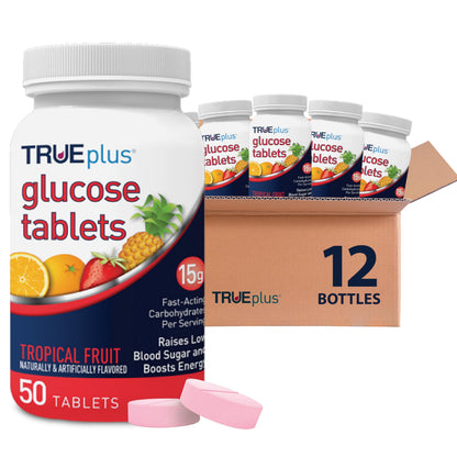 TRUEplus Glucose Tablets, Grape, Raspberry, Orange Flavors, 50 Count | Chewable Tablets, 15g Fast-Acting Carbohydrates, Fat Free, Gluten Free, Boosts Energy, Great Tasting and Easy to Use