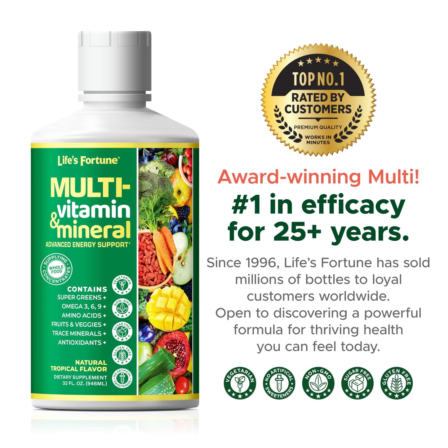 Life’s Fortune Liquid Multivitamin for Adults and Seniors – Fast Absorption Vitamins and Minerals with 90+ Nutrients for Energy and Immune Support – Easy to Digest, Sugar Free, Tropical Flavor, 32 oz