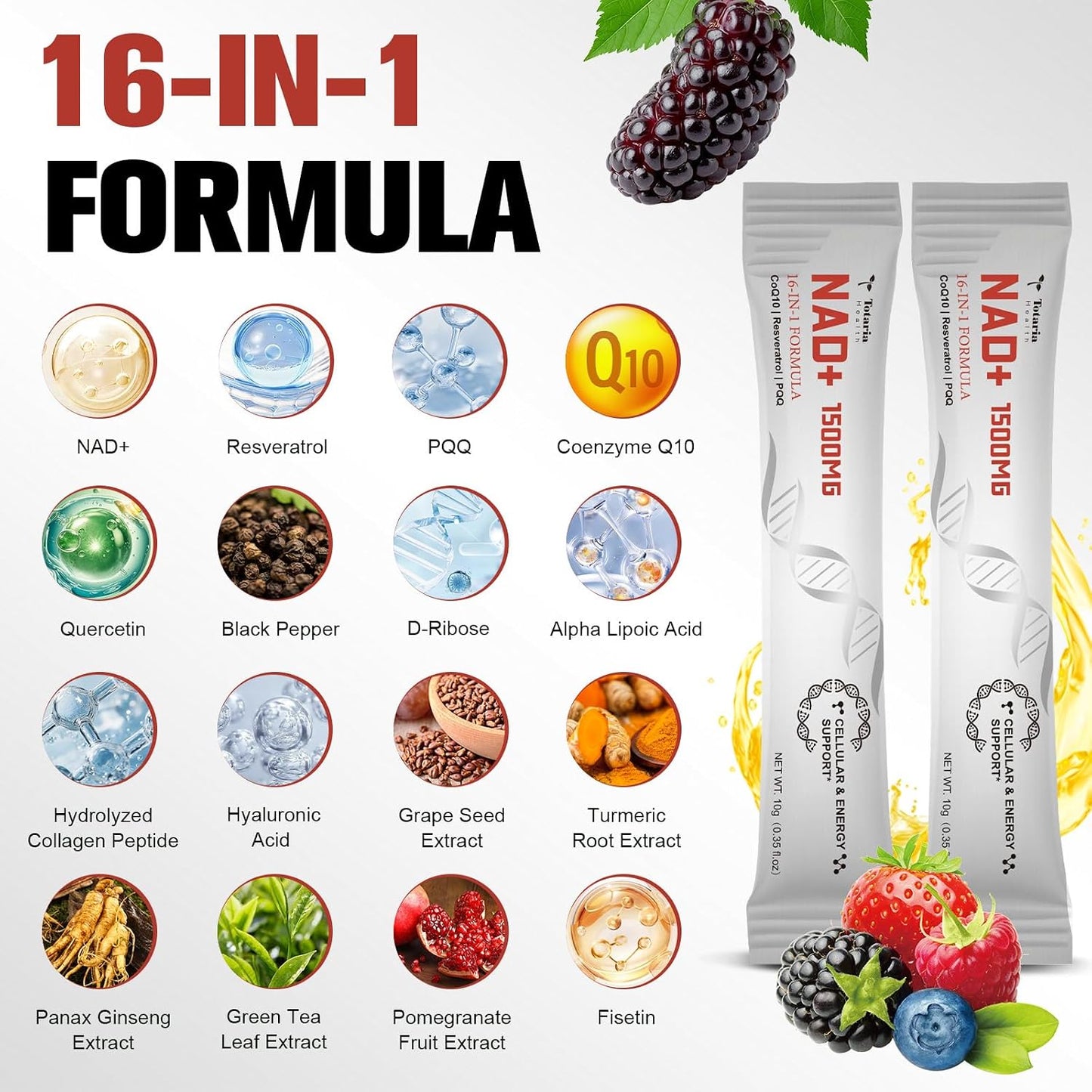 Totaria 16-in-1 NAD Liquid Supplement 1500mg for Men & Women, Extra Strength NAD+ with NMN Precursor, Resveratrol, PQQ, CoQ10, Supports Anti Aging, Energy, Immune, Focus (30 Packets) 1 Months Supply