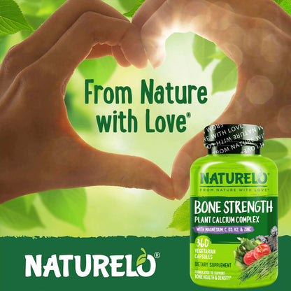 NATURELO Calcium Supplement - with Vitamin C, Vitamin D3, K2, and Calcium Magnesium Zinc for Bone Strength with Calcium 600mg - Plant-Based, 120 Vegetarian Capsules, Non-GMO, Soy & Gluten-Free