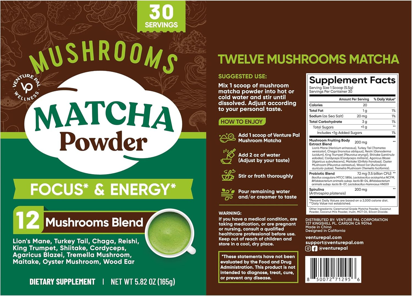 Venture Pal Mushroom Matcha Powder – 13 Superfood Mushroom Coffee Alternative with Ceremonial Grade Matcha Powder, 1.5B Probiotics for Focus, Energy & Digestion