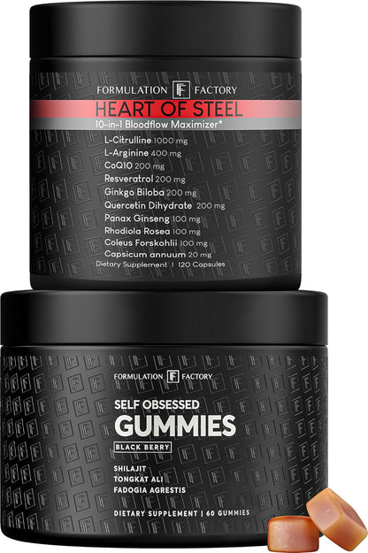 Formulation Factory Self Obsessed Shilajit Gummies x Heart of Steel (Bundle) – Men's Testosterone Booster + Nitric Oxide Blood Flow with Shilajit, Tongkat Ali, L-Citrulline 1000mg & CoQ10