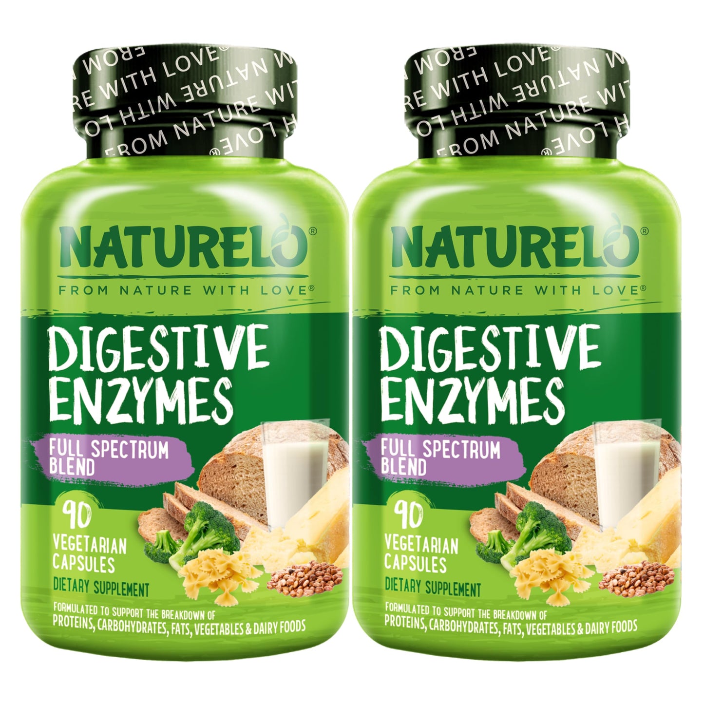 NATURELO Digestive Enzymes - Full Spectrum Support with a Broad Blend of 15 Enzymes Plus Ginger - 90 Vegan Capsules
