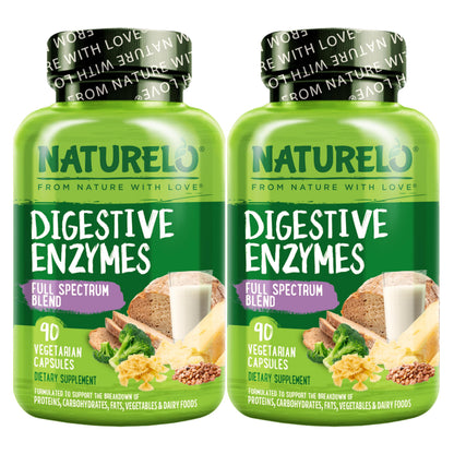 NATURELO Digestive Enzymes - Full Spectrum Support with a Broad Blend of 15 Enzymes Plus Ginger - 90 Vegan Capsules