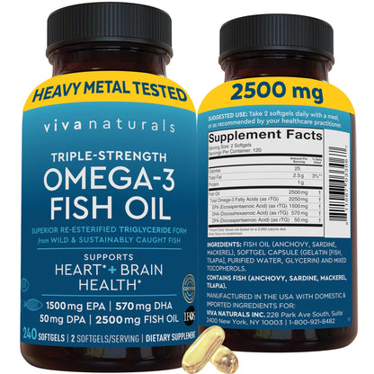 Omega 3 Fish Oil Supplement for Women and Men - 2500 mg Triple Strength Fish Oil per Serving with Omega 3 Fatty Acids Including EPA, DHA DPA - 180 Pescatarian-Friendly Softgels