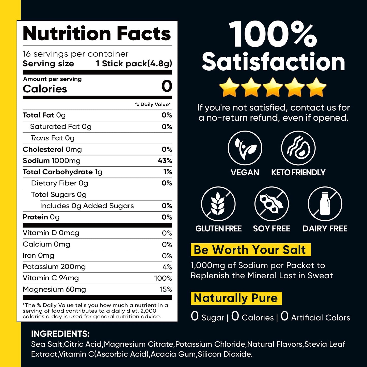 Venture Pal High Sodium Sugar Free Electrolytes Powder Packets, 16 Count | Hydration Packets with Sodium, Magnesium & Potassium, Vitamins, Zero Calories, Vegan, Keto & Paleo Friendly