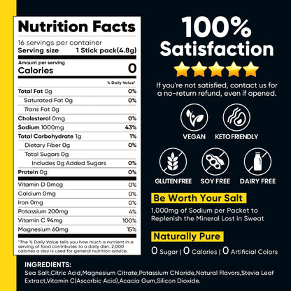 Venture Pal High Sodium Sugar Free Electrolytes Powder Packets, 16 Count | Hydration Packets with Sodium, Magnesium & Potassium, Vitamins, Zero Calories, Vegan, Keto & Paleo Friendly
