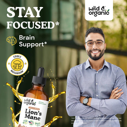 Wild & Organic Lions Mane Liquid Drops - Brain & Focus Support - Lion's Mane Mushroom Supplement - Hericium Erinaceus Mushroom Drops - Mix with Powder - Sugar & Alcohol-Free Extract Tincture - 4 oz