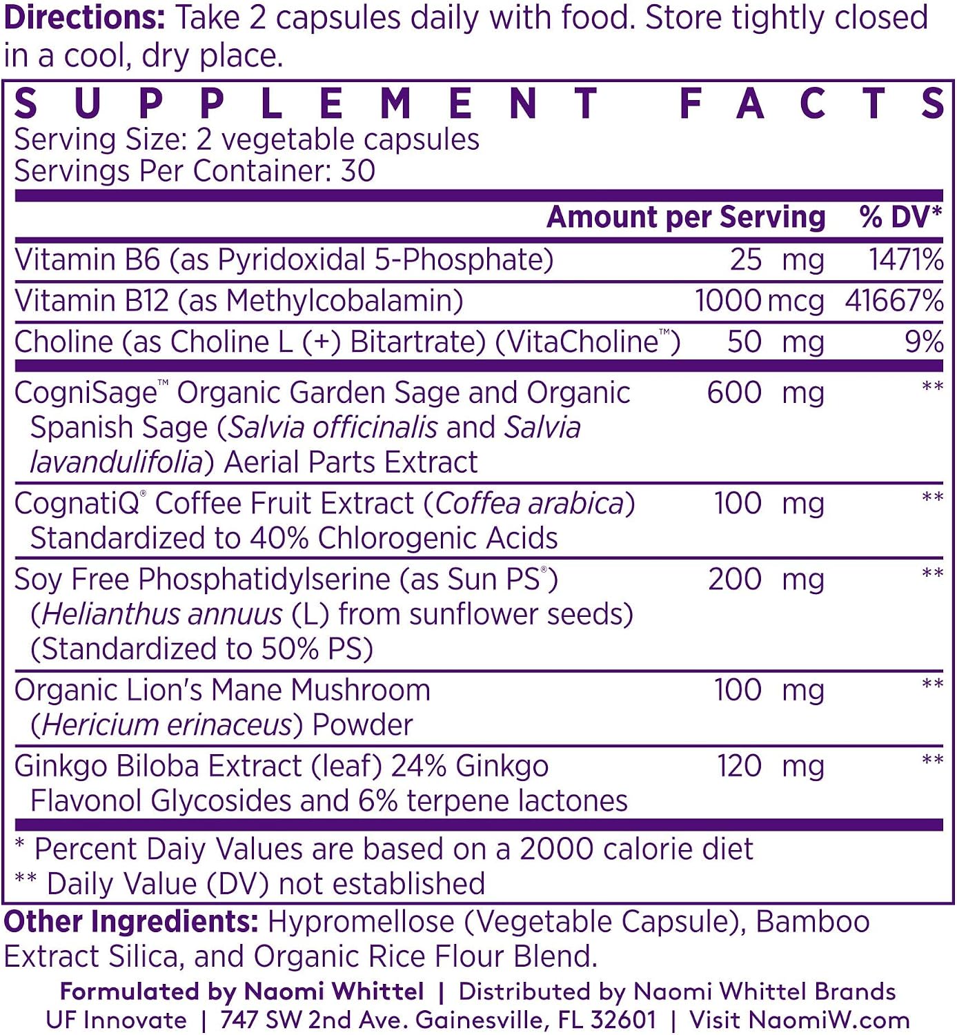 NAOMI BrainSpan™ with BDNF Support - Supports Working Memory, Focus & Concentration - CogniSage™, CognatiQ®, Lion Mane, Phosphatidylserine, Ginkgo Biloba, B6 & B12, Non-GMO, 30-Day Supply