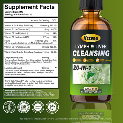 20-in-1 Liposomal Lymphatic Drainage Drops & Liver Cleanse Detox - Fast-Absorbing Lymphatic Support Liquid Drops with Milk Thistle, Dandelion, Burdock & Fucoxanthin, Raspberry, 2 Fl Oz