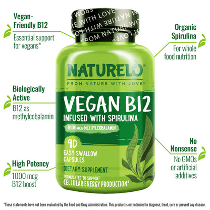 NATURELO Vegan B12 - Methyl B12 with Organic Spirulina - High Potency Vitamin B12 1000 mcg Methylcobalamin - Supports Healthy Mood, Energy, Heart & Eye Health - 90 Capsules