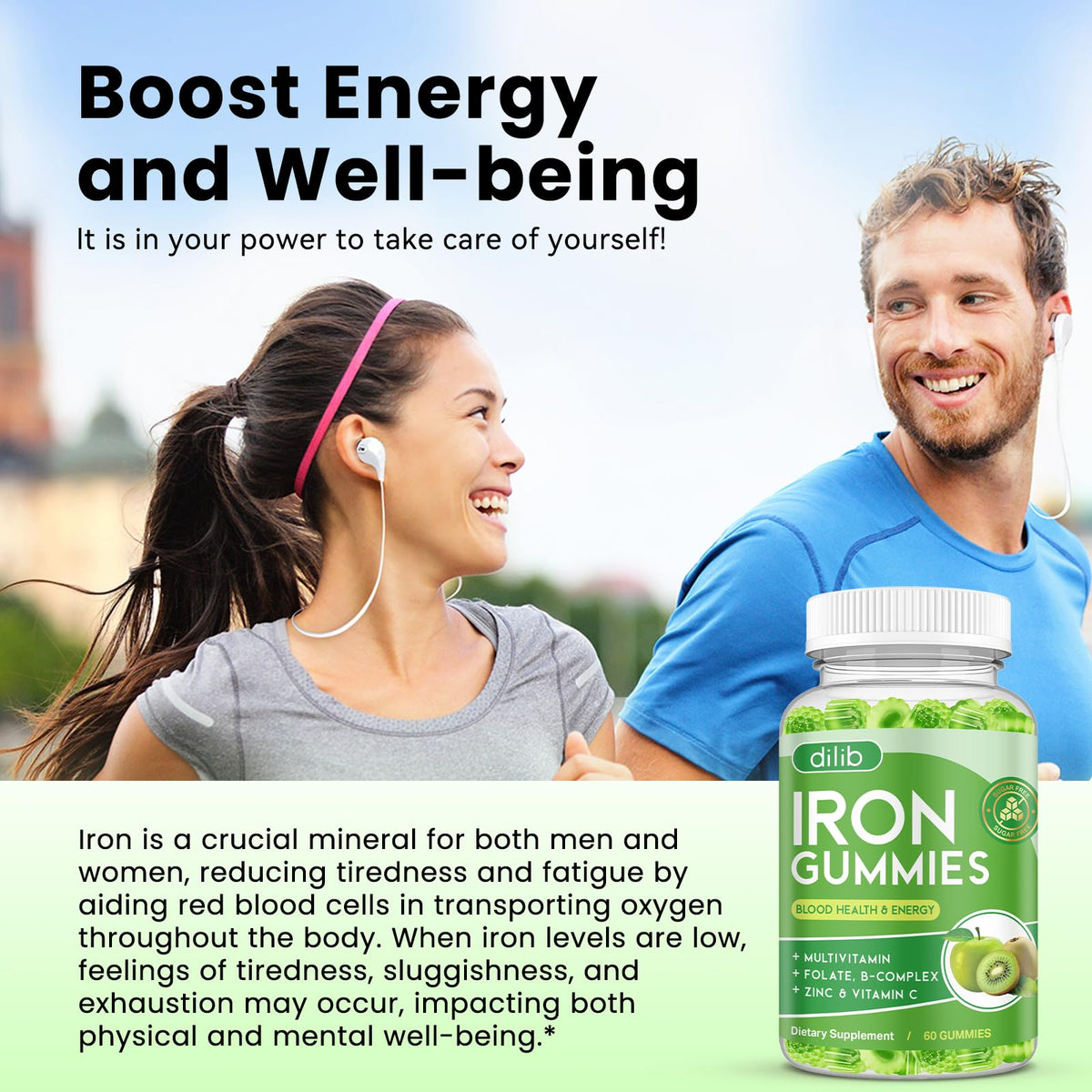 Iron Gummies with Multivitamin, Iron Supplement for Women & Men with Zinc, Vitamin B Complex & C, B12, Folate - Blood Builder & Energy Support for Adults & Kids - Strawberry Flavor, Vegan 60 Gummies