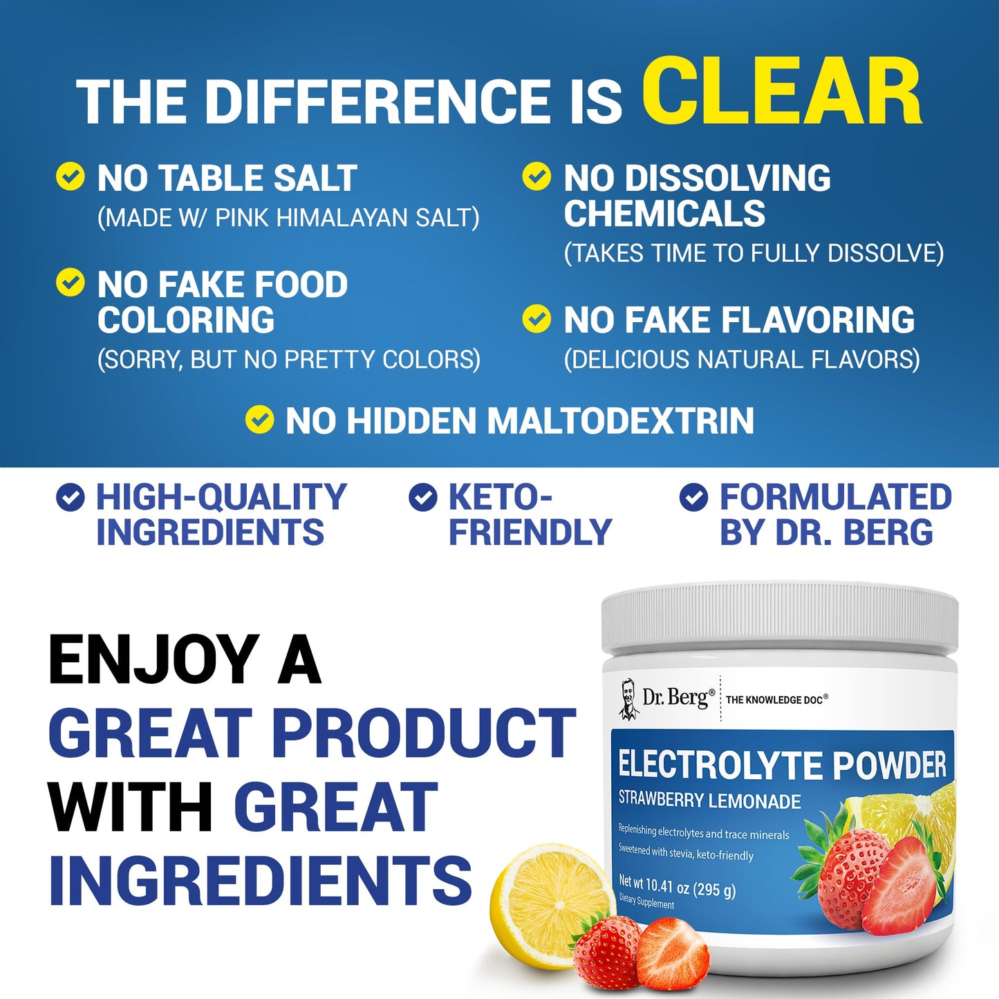 Dr. Berg Zero Sugar Hydration Keto Electrolyte Powder - Enhanced w/ 1000 mg of Potassium & Real Pink Himalayan Salt (NOT Table Salt) - Raspberry & Lemon Flavor Hydration Drink Supplement, 100 Servings