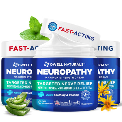 Owell Naturals Neuropathy Cream Extra Strength – Fast Absorbing Cooling for Leg, Feet & Hands – Advanced Soothing Formula with Aloe Vera, Arnica, MSM & Vitamin B6 – Made in USA, 2 fl oz