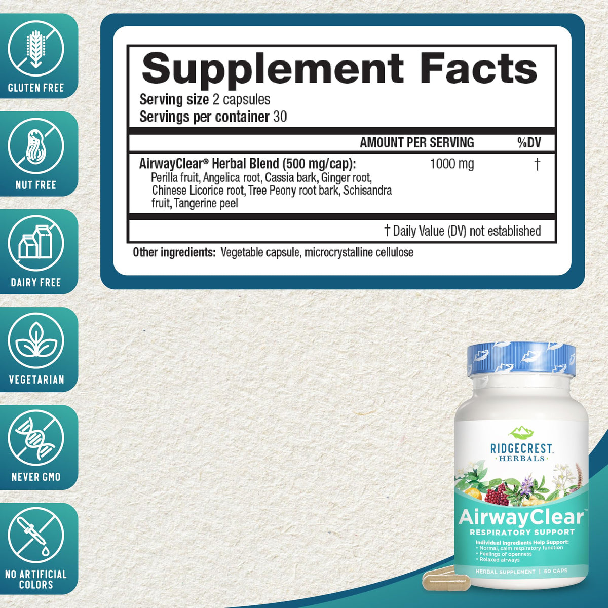 Ridgecrest Herbals AirwayClear, Natural Respiratory Relief, 60 Vegan Capsules