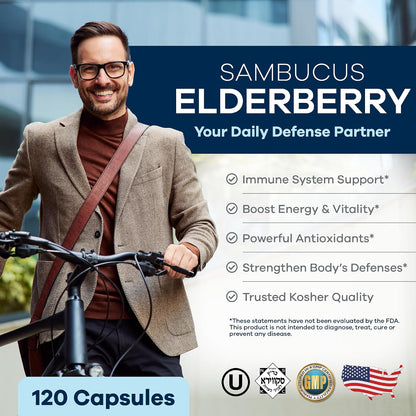 FREEDA Sambucus Elderberry Capsules - 5-in-1 Immune Support - 120 Count | Herbal Antioxidant Supplement with Vitamin C, Zinc, Vitamin D3 & Ginger for Adults - Gluten-Free - Made In USA