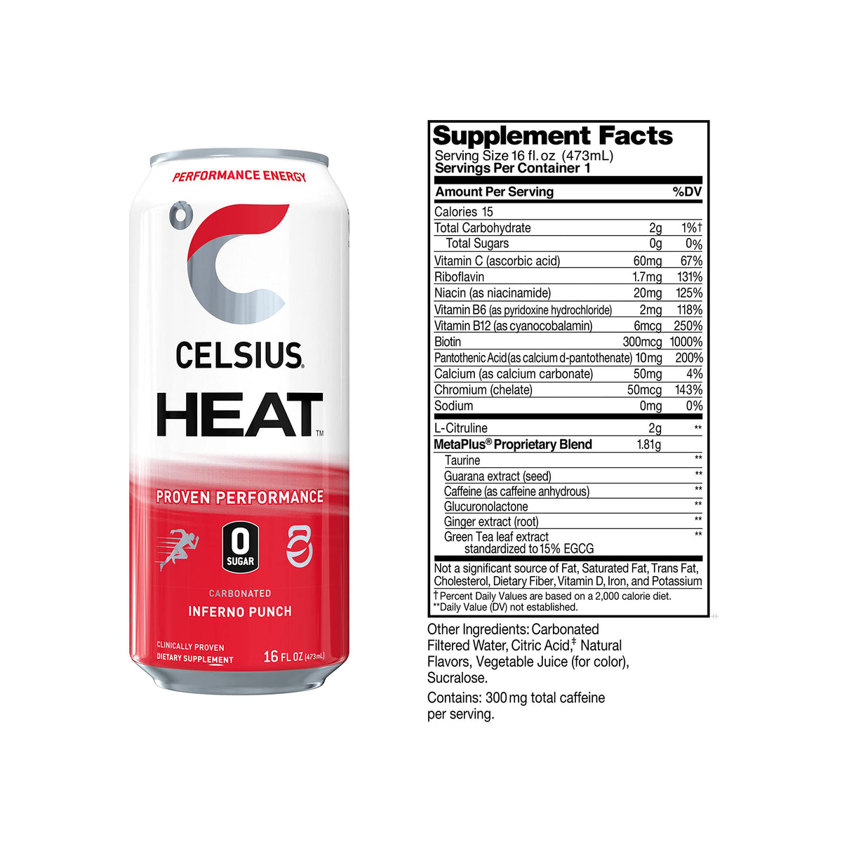 CELSIUS HEAT Inferno Punch Performance Energy Drink, Zero Sugar, 16oz. Can (Pack of 12)