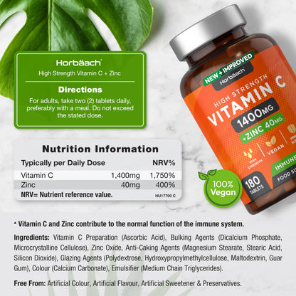 Vitamin C and Zinc | 180 Vegan Tablets | High Strength Vitamin C 1400mg and Zinc 40mg