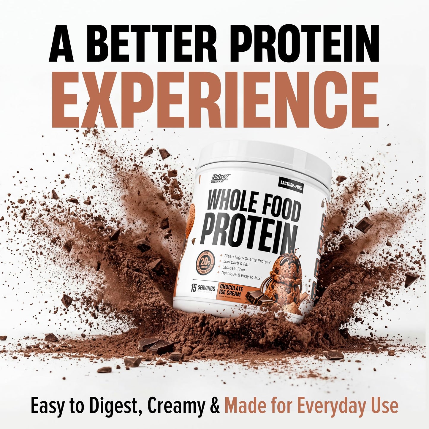 Nutrex Research Whole Food Protein Powder, 20g Protein per Scoop, Lactose Free, Dairy Free, Low Carb Low Fat, Collagen Peptides, 15 Servings (Vanilla Milkshake)