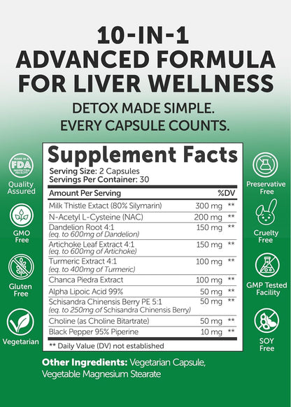 Lunakai USA Made Liver Cleanse Detox & Repair - 10-in-1 with Milk Thistle & NAC – Liver Support Supplement Capsules for Men & Women, Daily Health, Non-GMO, 60ct