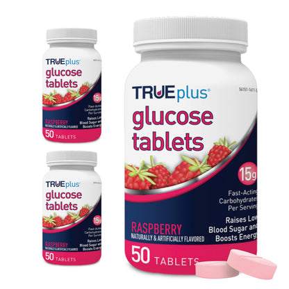TRUEplus Glucose Tablets, Grape, Raspberry, Orange Flavors, 50 Count | Chewable Tablets, 15g Fast-Acting Carbohydrates, Fat Free, Gluten Free, Boosts Energy, Great Tasting and Easy to Use