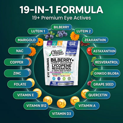 Clean Nutra Eye Vitamins with Bilberry Lutein and Zeaxanthin Supplements Lycopene 40mg Resveratrol Grape Seed Astaxanthin for Eyes - Eye Care Health Support Eye Vitamin and Mineral Supplement