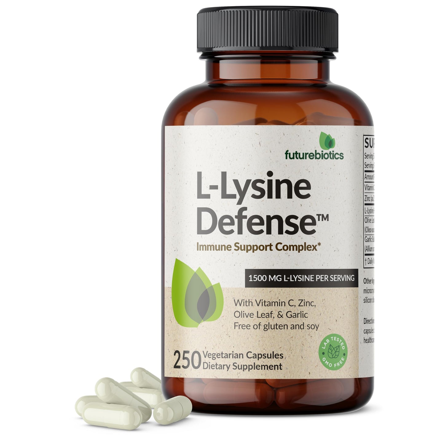 Futurebiotics L-Lysine Defense Immune Support Complex 1500 MG Per Serving with Vitamin C, Zinc, Olive Leaf & Garlic - Non-GMO, 90 Vegetarian Capsules