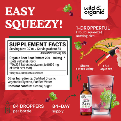 Wild & Organic Beet Root Extract Drops - Energy Support - Liquid Red Beets Supplements - 400 mg per Serving - Mix with Powder - Vegan, Sugar & Alcohol - 4 fl oz