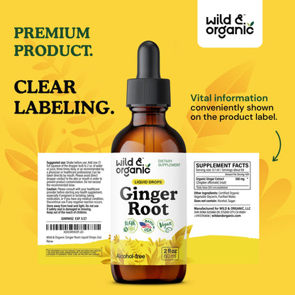 Wild & Organic Ginger Root Extract Drops - Immune & Digestive Support - Liquid Ginger Supplements - Easy to Add to Tea - Vegan, Sugar & Alcohol-Free Tincture - 4 fl oz
