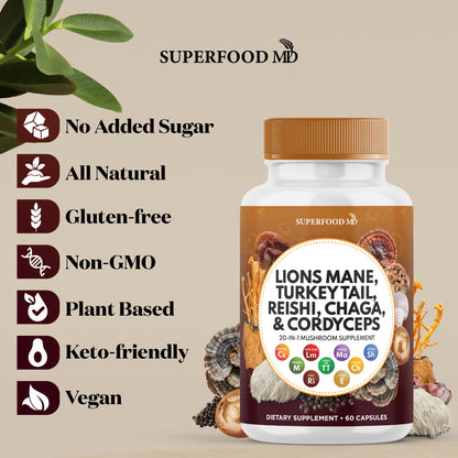 Superfood MD Lions Mane Mushroom Supplement with Turkey Tail Reishi Cordyceps Chaga with Marshmallow Root - 120 Count