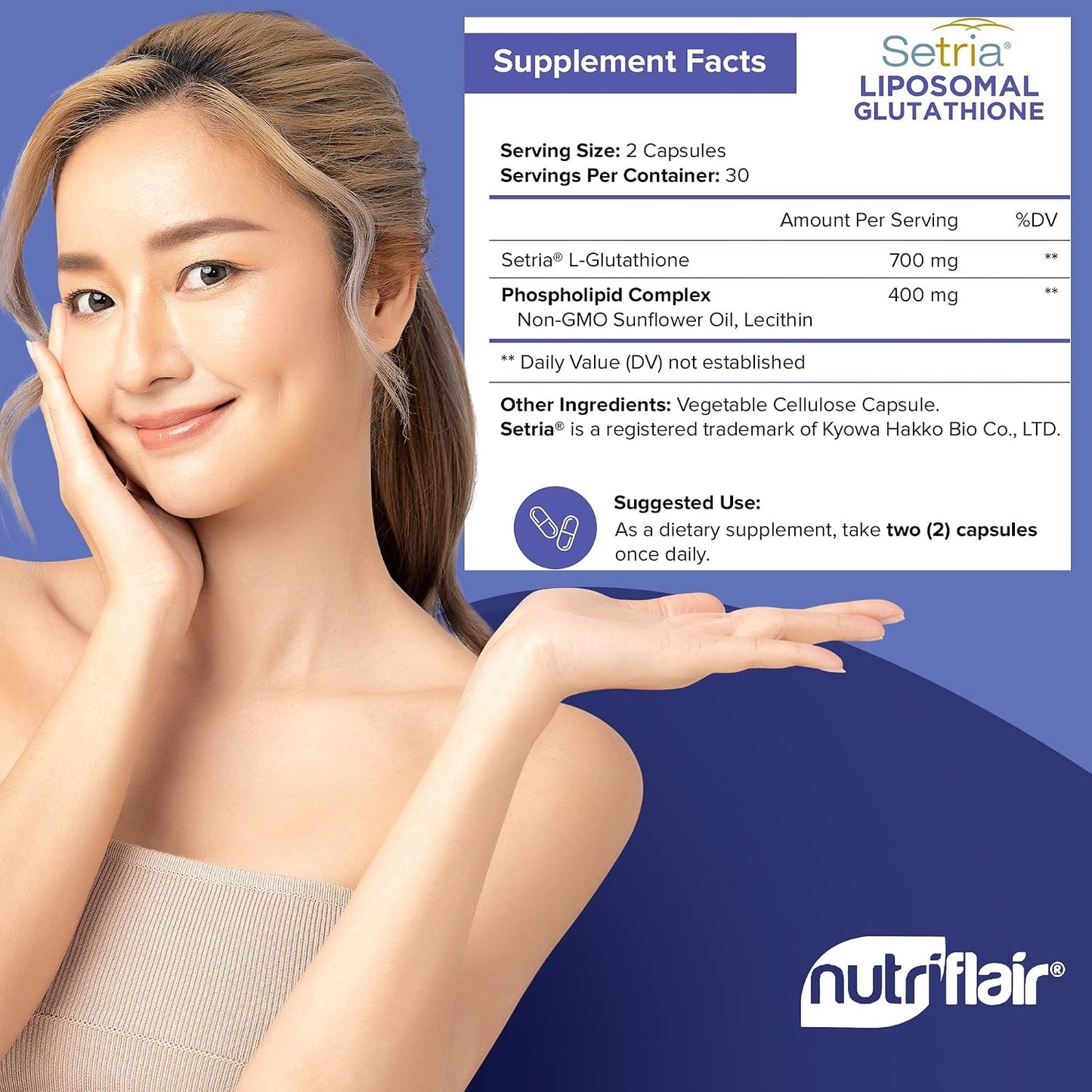NutriFlair Liposomal Glutathione Supplement 700mg - Setria® Reduced L-Glutathione, 60 Capsules