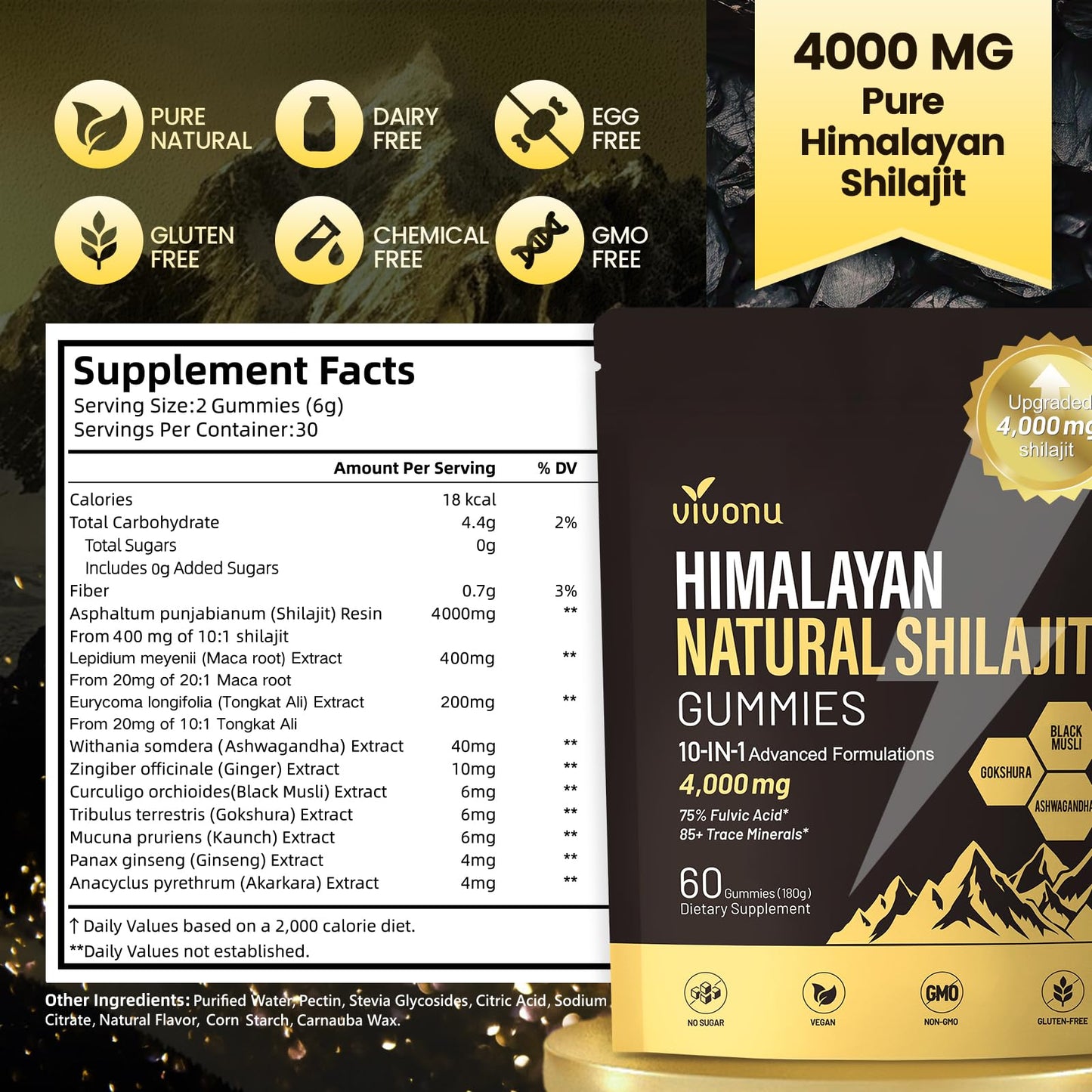 VivoNu Shilajit* Gummies,Pure Himalayan* micronutrient Supplement, Himalayan Premium Ingredient with Shilajit, Ashwagandha, Gokshura, Fulvic Acid & 85+ Trace Minerals I for Men & Women (4000MG/1 Bag)