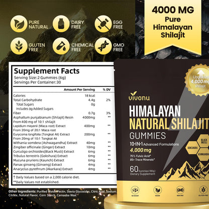 VivoNu Shilajit* Gummies,Pure Himalayan* micronutrient Supplement, Himalayan Premium Ingredient with Shilajit, Ashwagandha, Gokshura, Fulvic Acid & 85+ Trace Minerals I for Men & Women (4000MG/1 Bag)