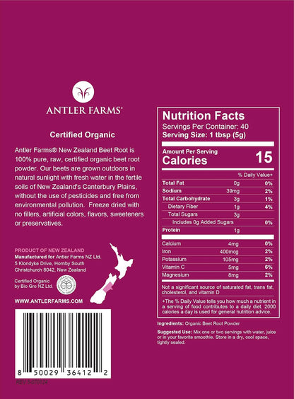 Antler Farms New Zealand Beet Root Powder - Organic, 40 Servings, 200g | 100% Pure, Freeze Dried, Raw, Vegan, Gluten Free, Naturally Rich in Nitrates for Performance & Vitality