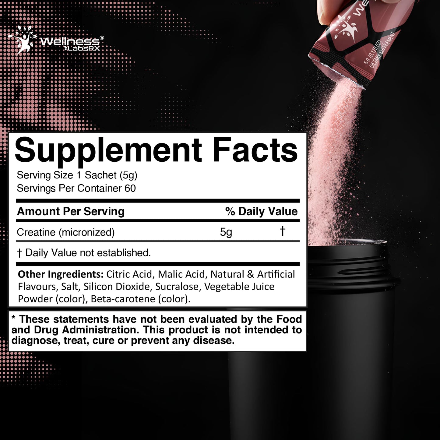 WELLNESS LABSRX Creatine Monohydrate Powder Sachets 300g – Fruit Punch Flavor Micronized Creatine Powder Supplement, Creatine for Women and Men, Supports Strength, Energy, Performance - 60 Servings