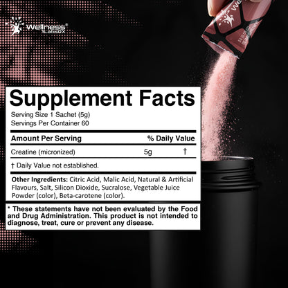 WELLNESS LABSRX Creatine Monohydrate Powder Sachets 300g – Fruit Punch Flavor Micronized Creatine Powder Supplement, Creatine for Women and Men, Supports Strength, Energy, Performance - 60 Servings