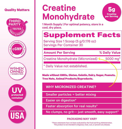 Pink Stork Creatine Monohydrate for Women, 5g, 30 Servings | Micronized Creatine Powder, Unflavored, Supports Muscle Health, Energy, Cognitive Function, Alternative to Pills or Gummies
