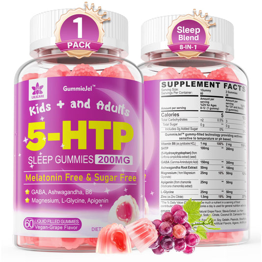 5HTP Gummies for Adults & Kids 8+, Melatonin Free Gummies with Magnesium Glycinate, GABA, L-Glycine, Ashwagandha, Vitamin B6 for Delicious Zzzs, Brain & Muscle Relaxation, 0 Sugar 60 Count (Pack of 1)