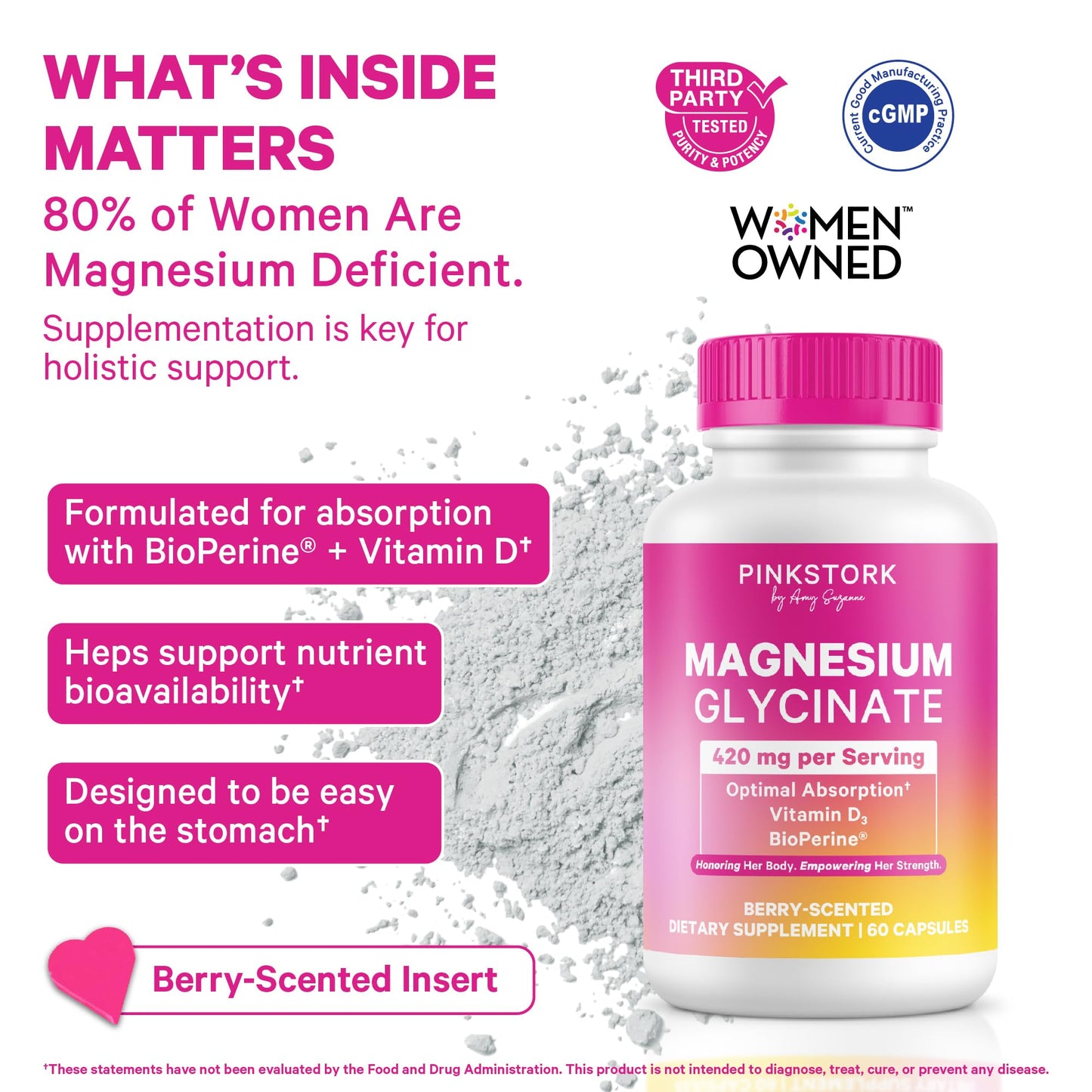Pink Stork Magnesium Glycinate with Vitamin D, 60 Capsules | Magnesium Supplement for Women, Supports Natural Calm, Mood, and Sleep, Hormone Balance for Women, 1 month supply