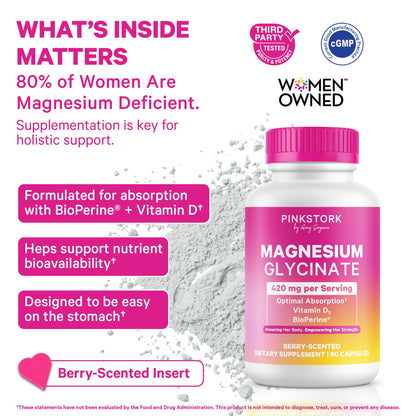 Pink Stork Magnesium Glycinate with Vitamin D, 60 Capsules | Magnesium Supplement for Women, Supports Natural Calm, Mood, and Sleep, Hormone Balance for Women, 1 month supply